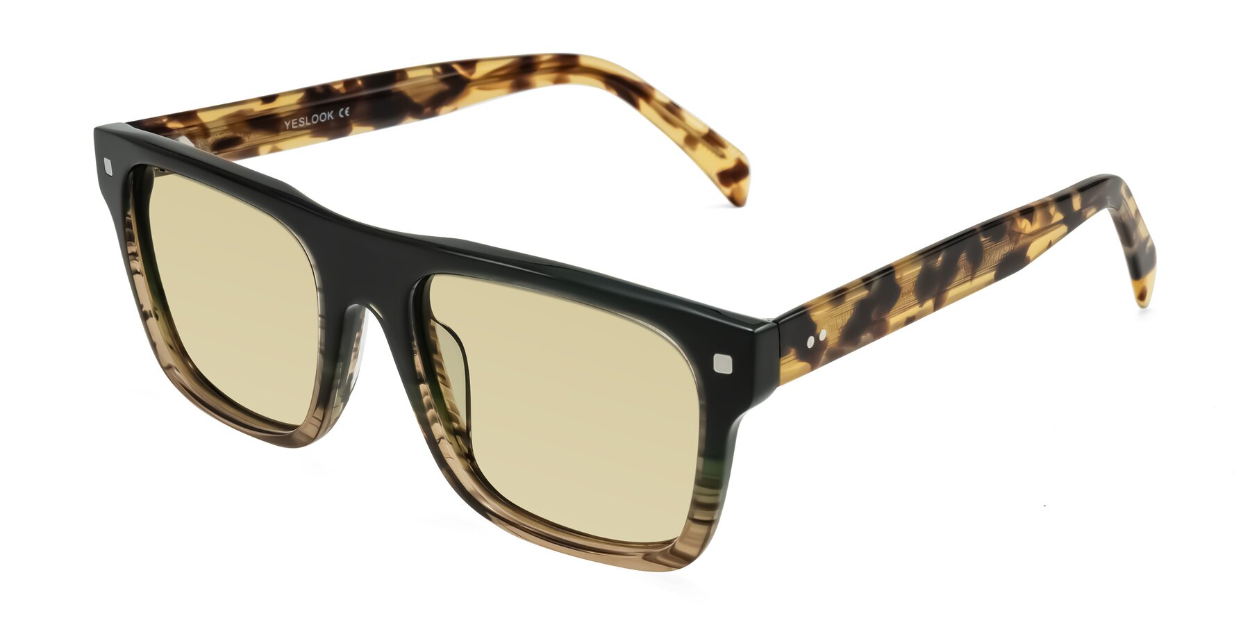Angle of Emas in Green Brown Striped/Honey Tortoise with Light Champagne Tinted Lenses