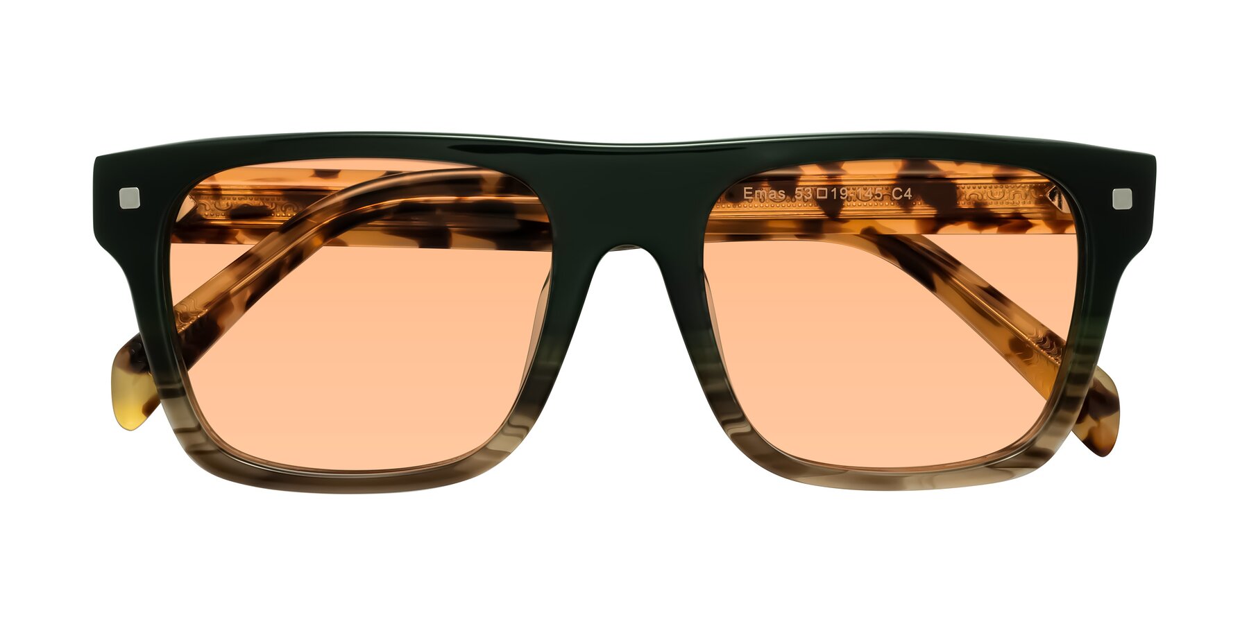 Folded Front of Emas in Green Brown Striped/Honey Tortoise with Light Orange Tinted Lenses