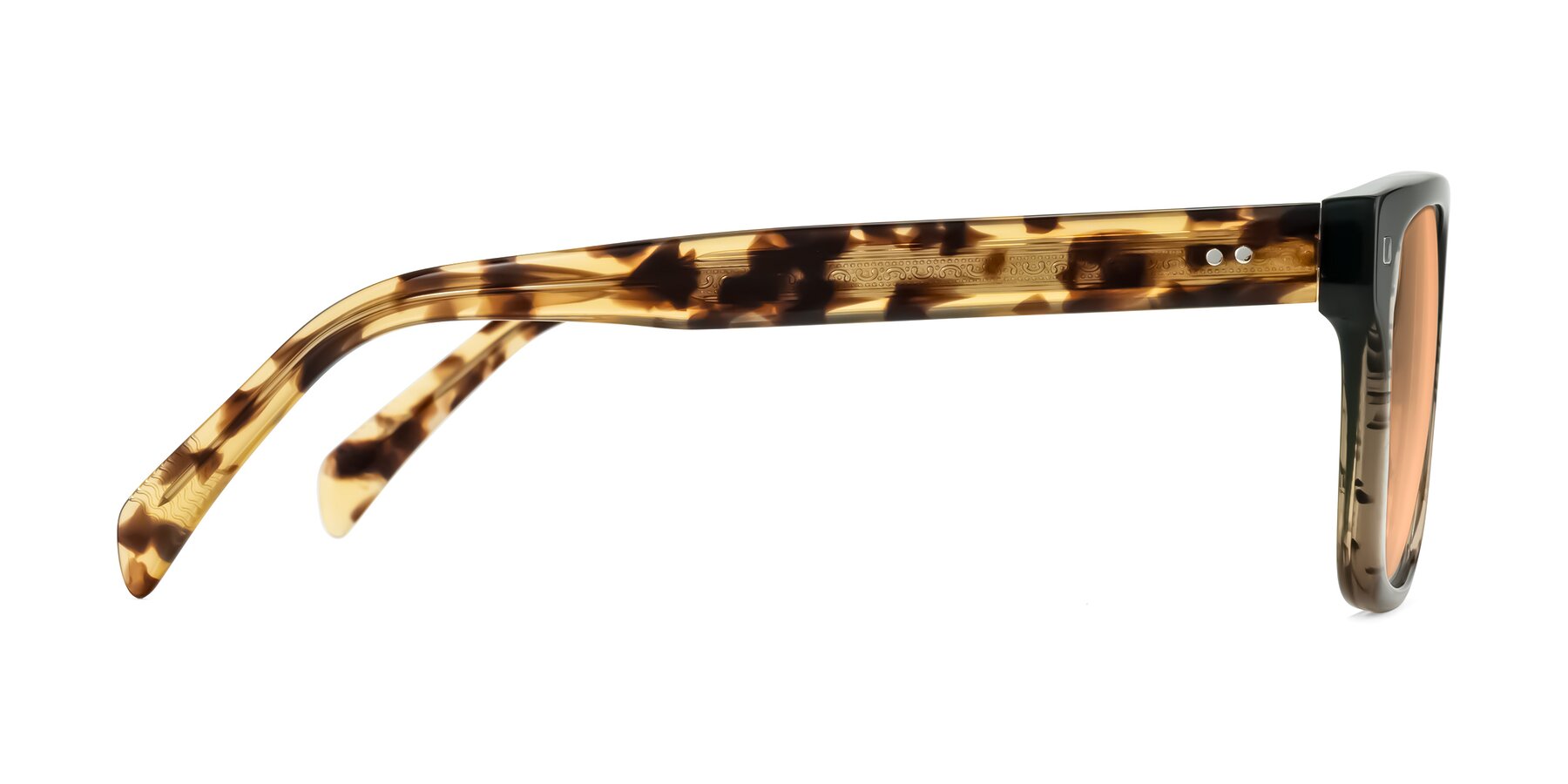 Side of Emas in Green Brown Striped/Honey Tortoise with Light Orange Tinted Lenses