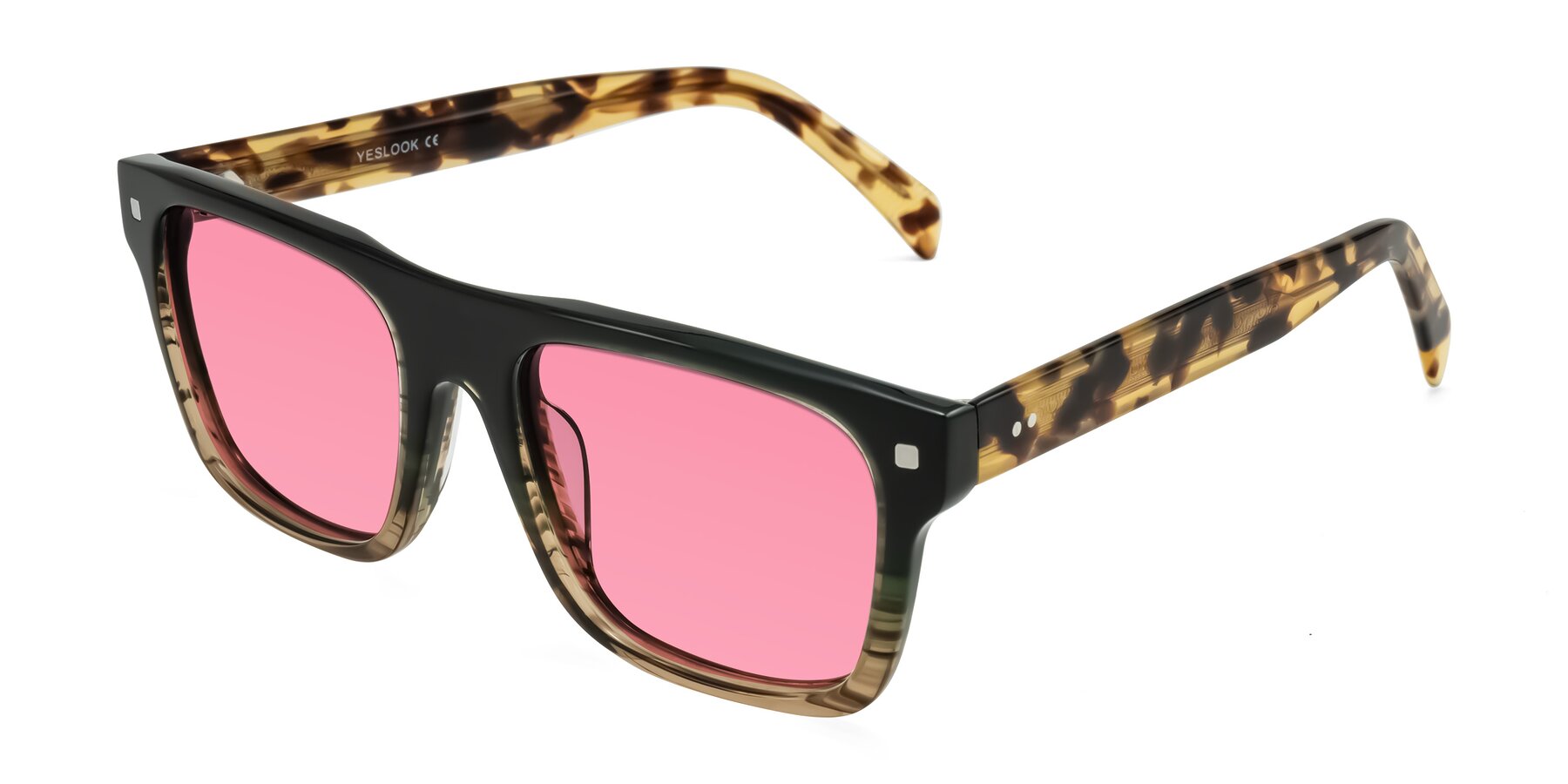 Angle of Emas in Green Brown Striped/Honey Tortoise with Pink Tinted Lenses