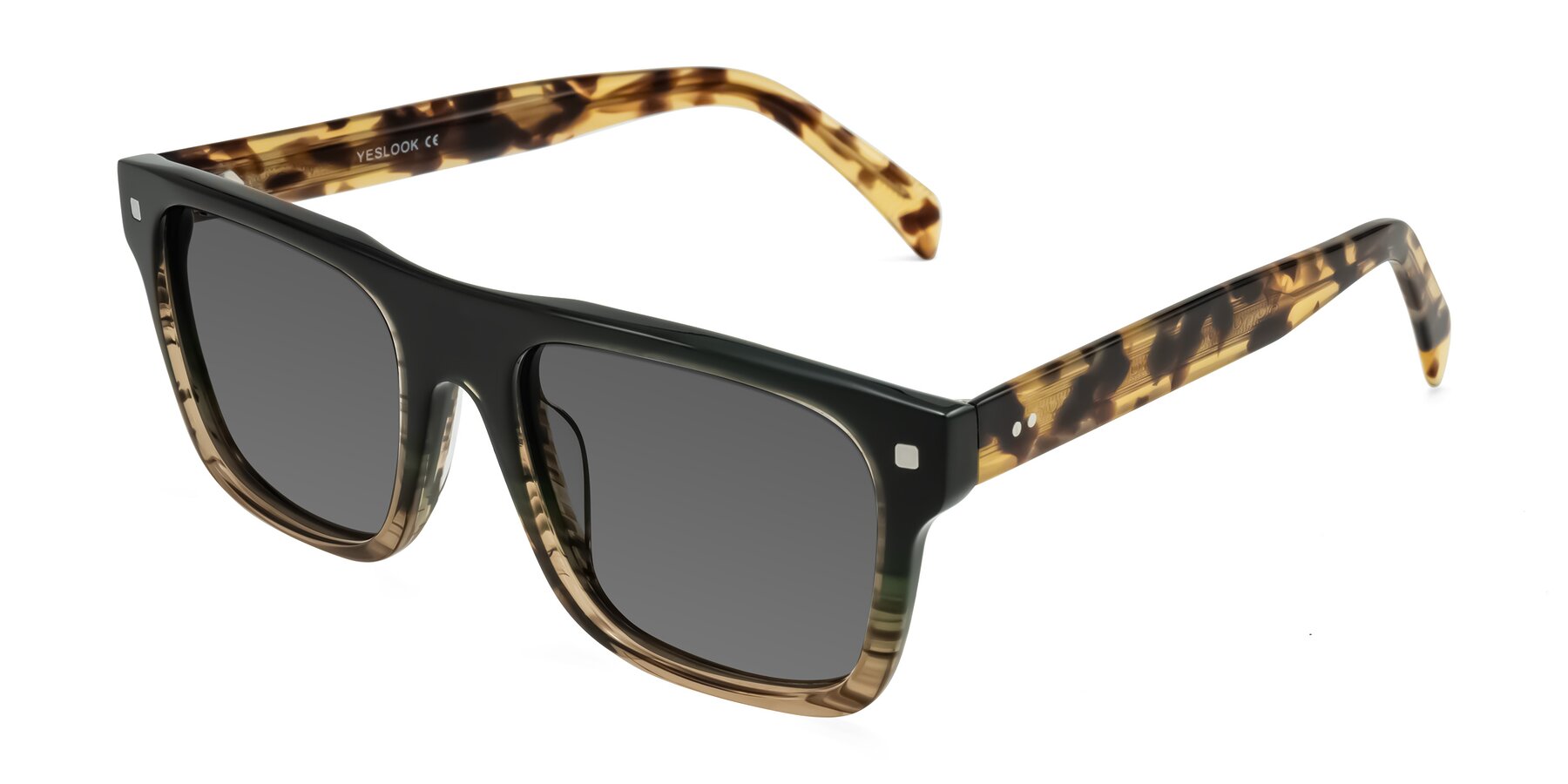 Angle of Emas in Green Brown Striped/Honey Tortoise with Medium Gray Tinted Lenses