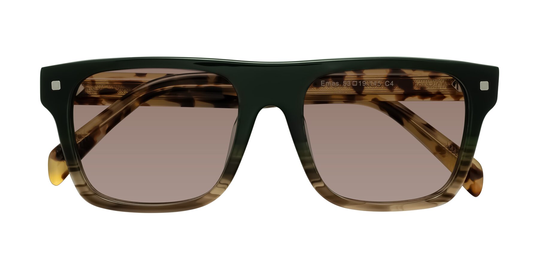 Folded Front of Emas in Green Brown Striped/Honey Tortoise with Medium Brown Tinted Lenses