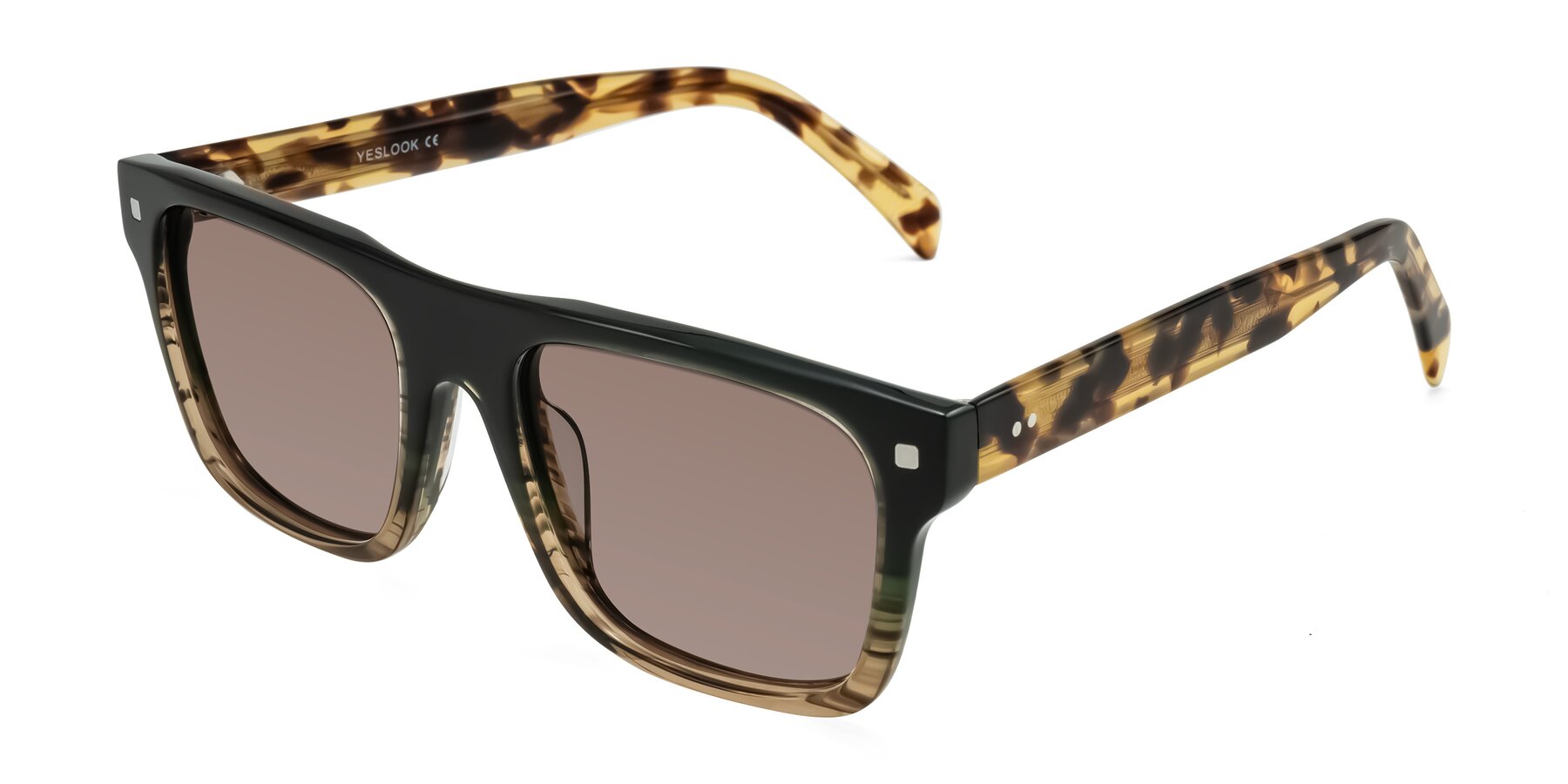 Angle of Emas in Green Brown Striped/Honey Tortoise with Medium Brown Tinted Lenses