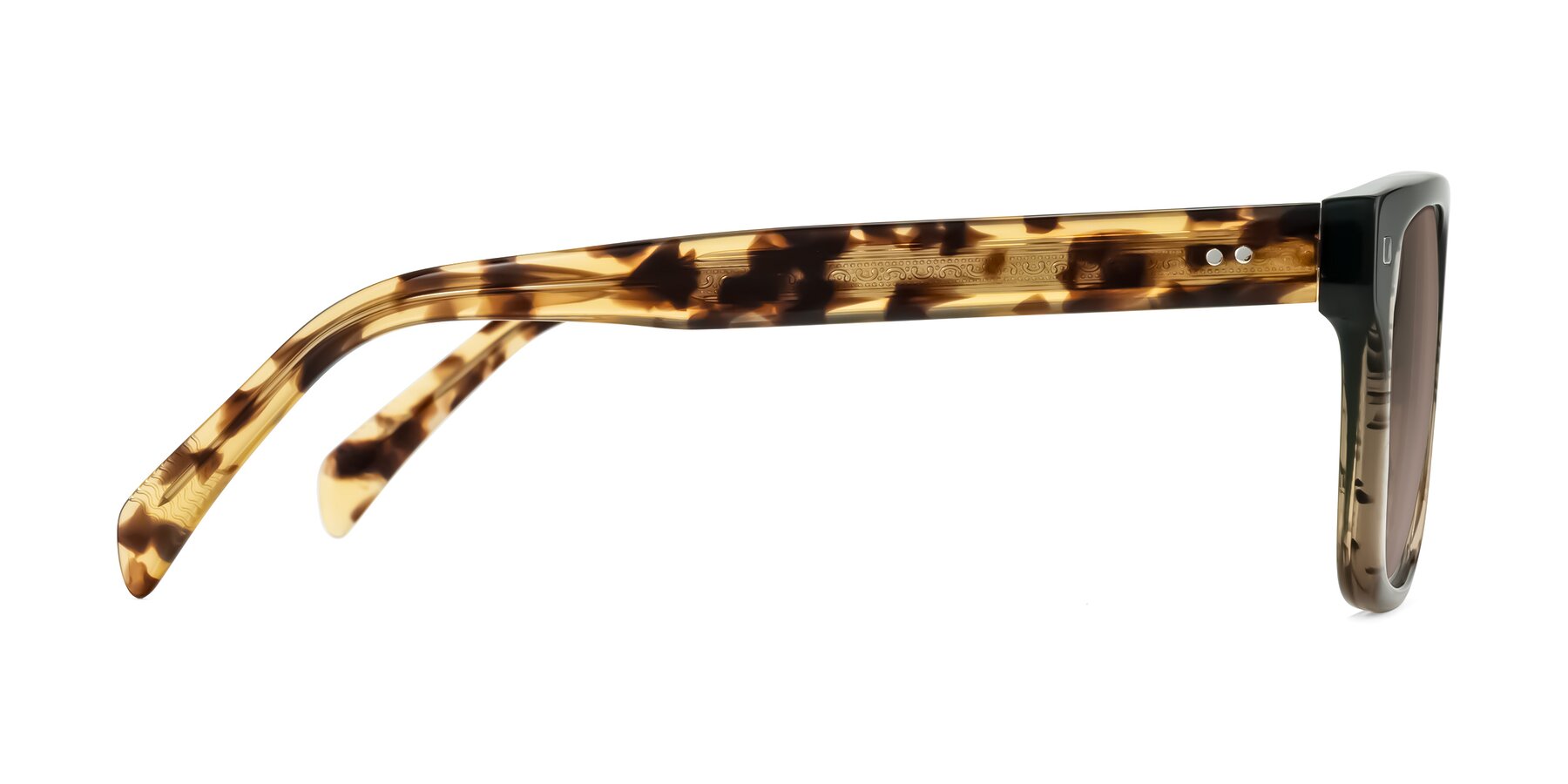 Side of Emas in Green Brown Striped/Honey Tortoise with Medium Brown Tinted Lenses