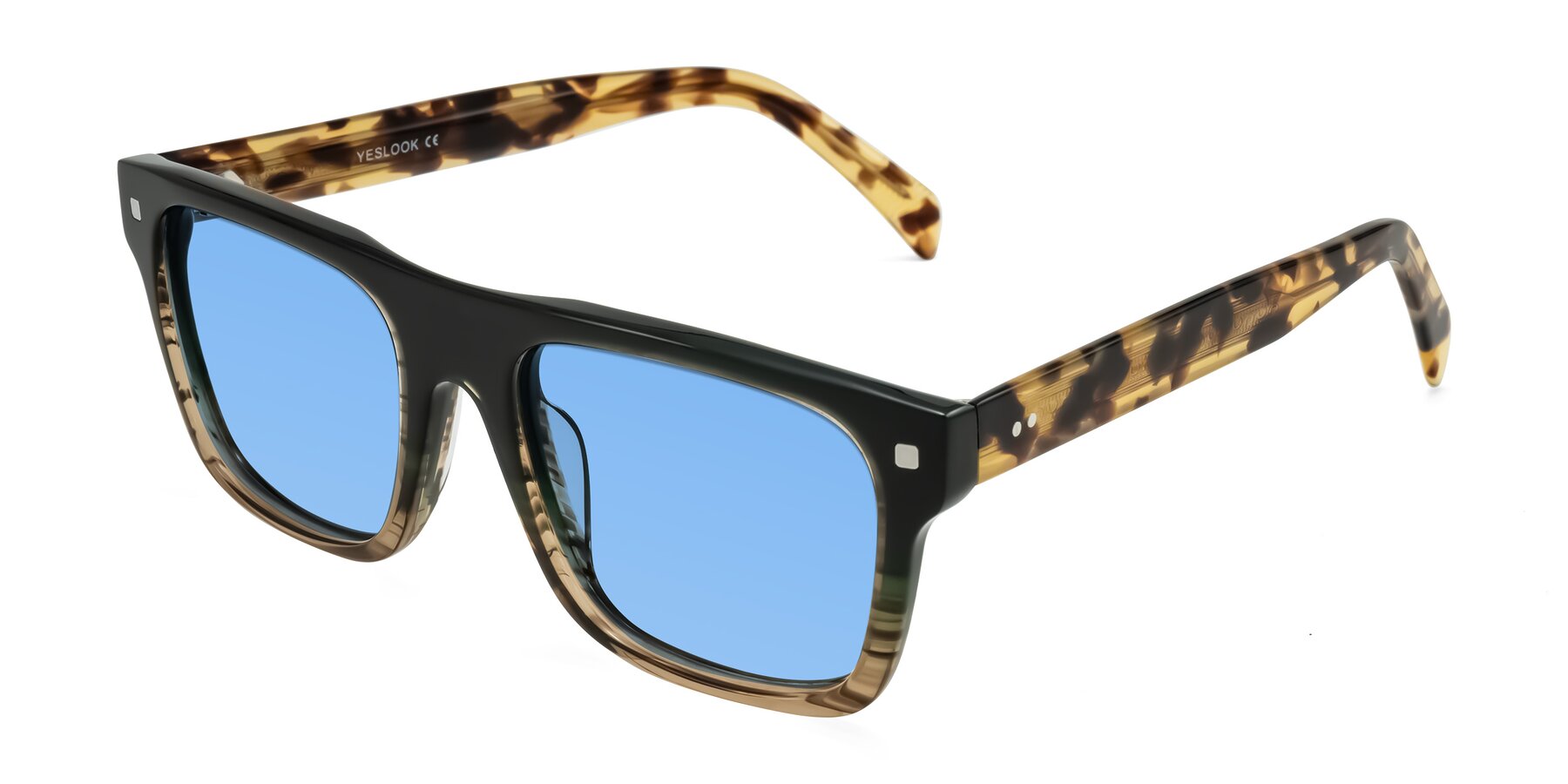 Angle of Emas in Green Brown Striped/Honey Tortoise with Medium Blue Tinted Lenses