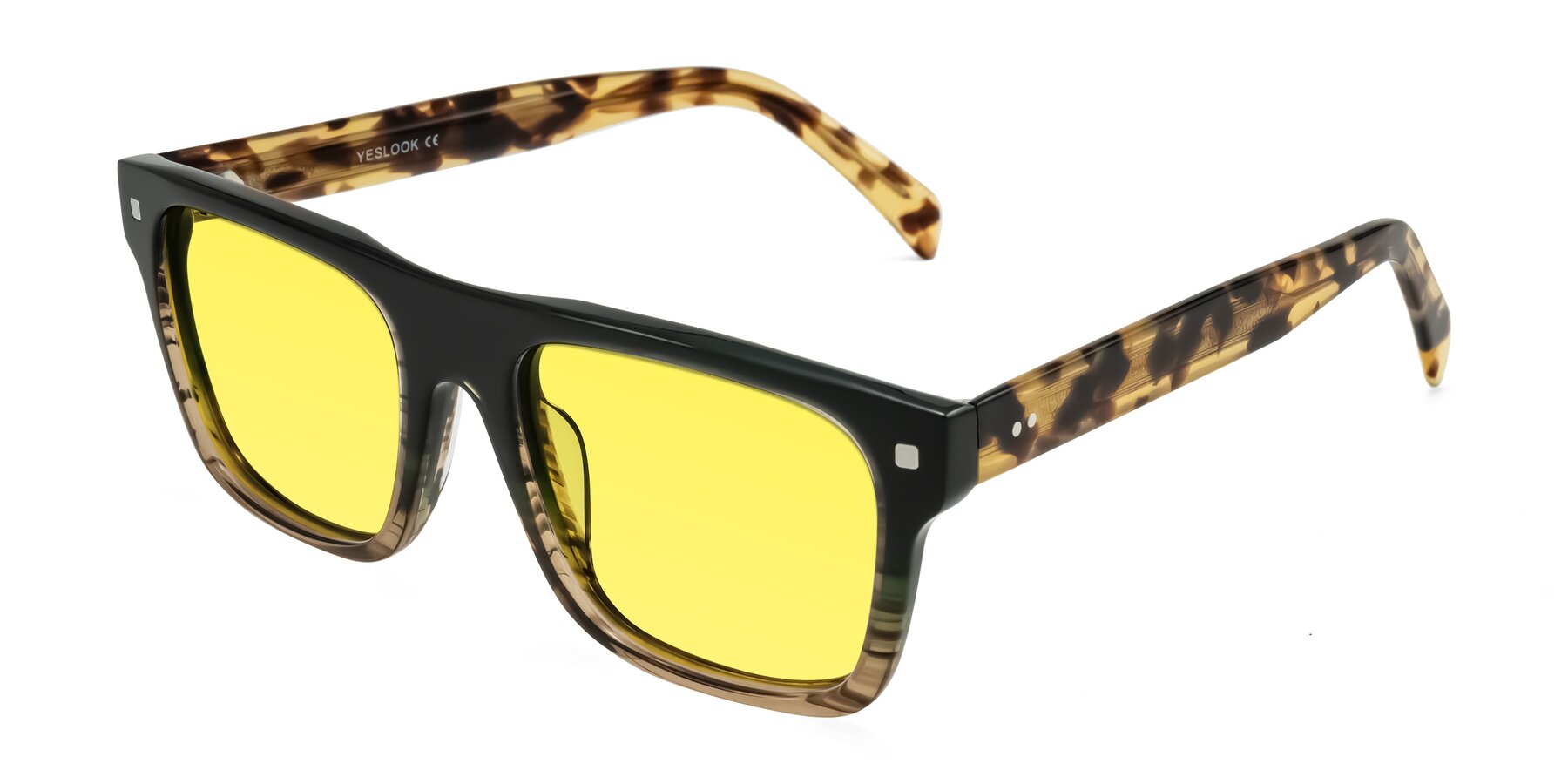Angle of Emas in Green Brown Striped/Honey Tortoise with Medium Yellow Tinted Lenses