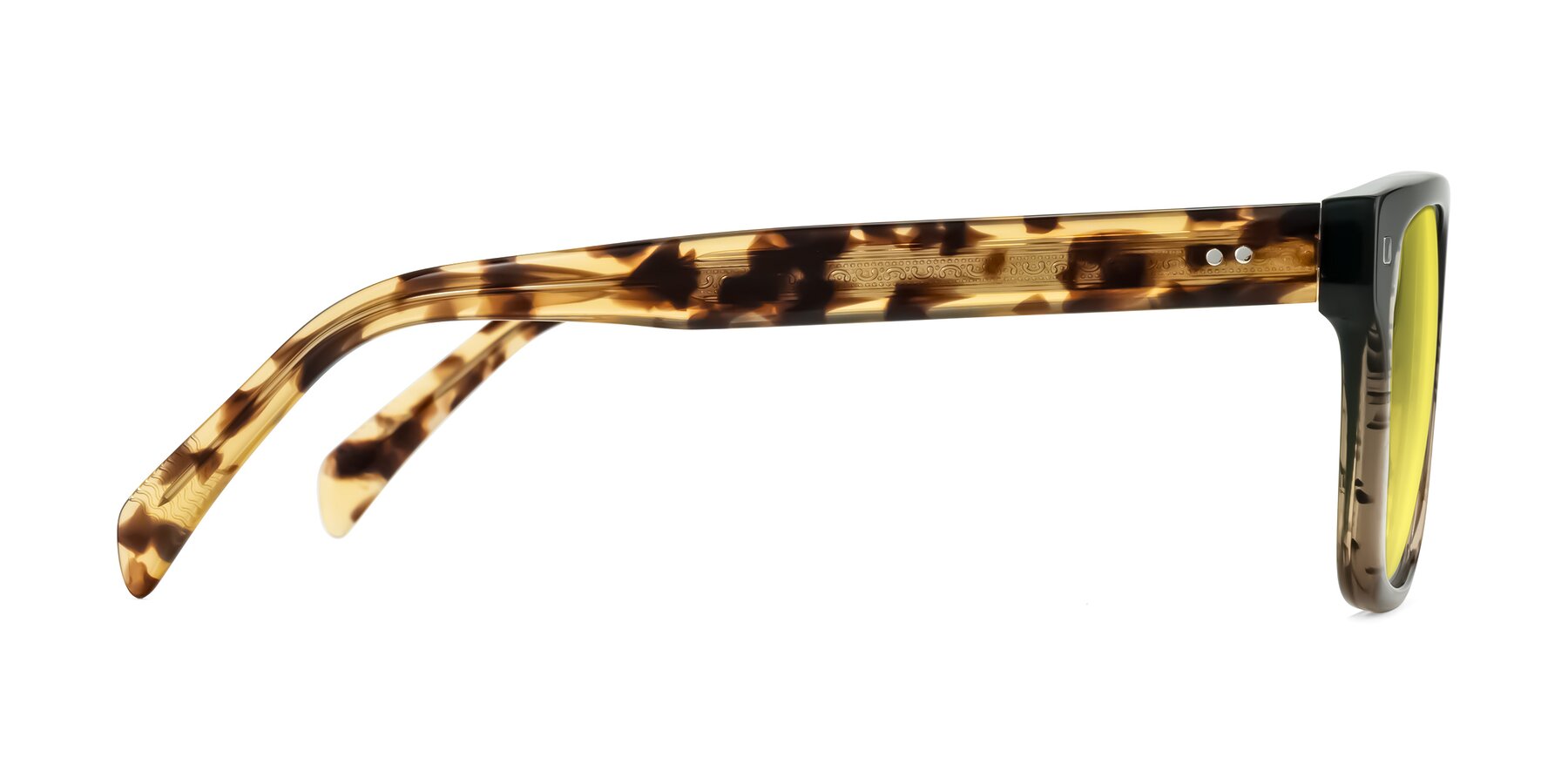 Side of Emas in Green Brown Striped/Honey Tortoise with Medium Yellow Tinted Lenses