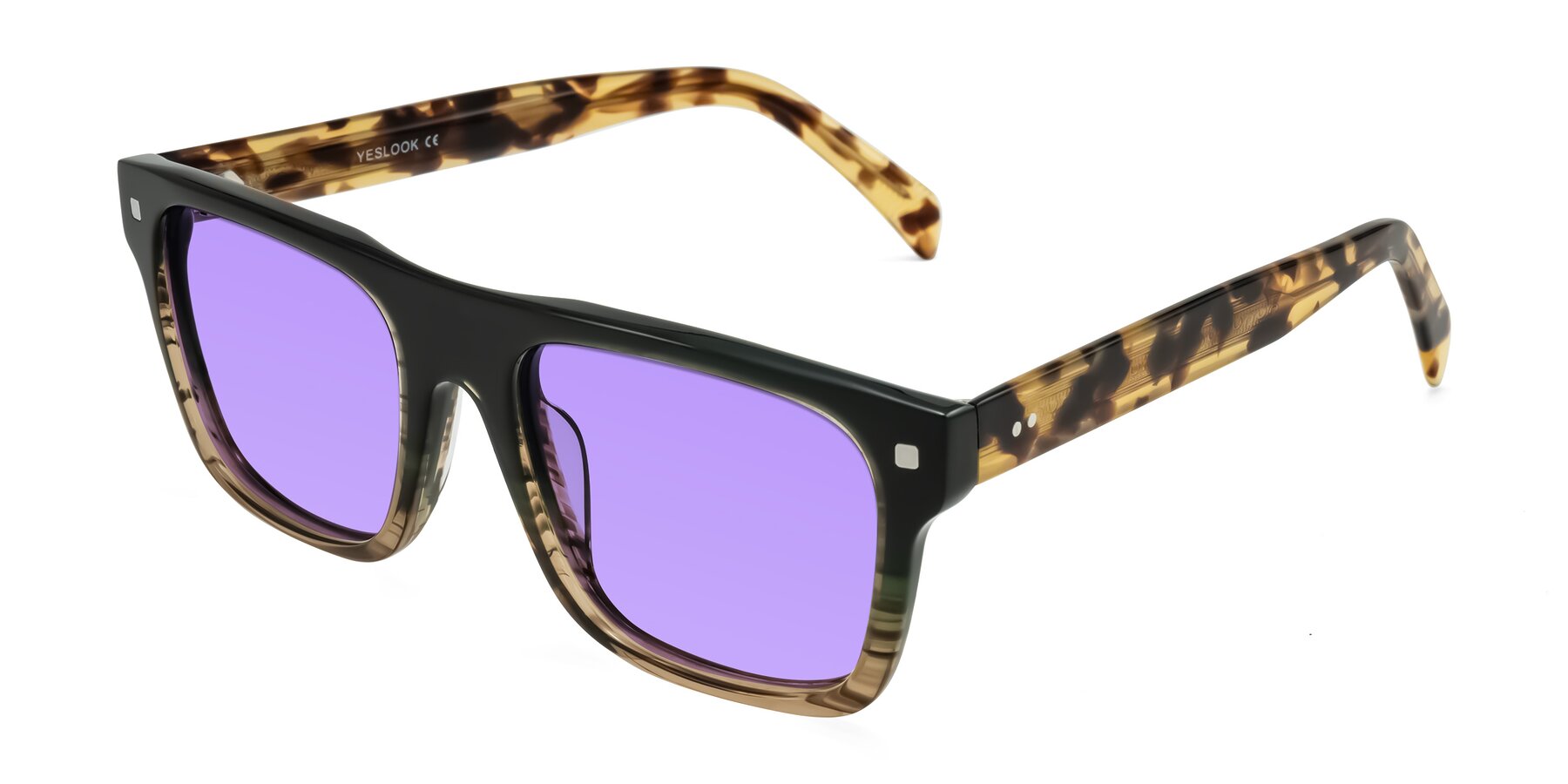 Angle of Emas in Green Brown Striped/Honey Tortoise with Medium Purple Tinted Lenses