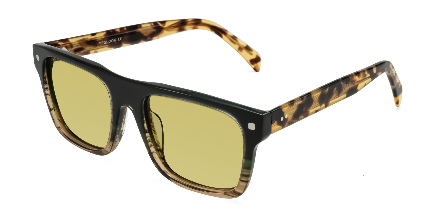 Angle of Emas in Green Brown Striped/Honey Tortoise with Medium Champagne Tinted Lenses