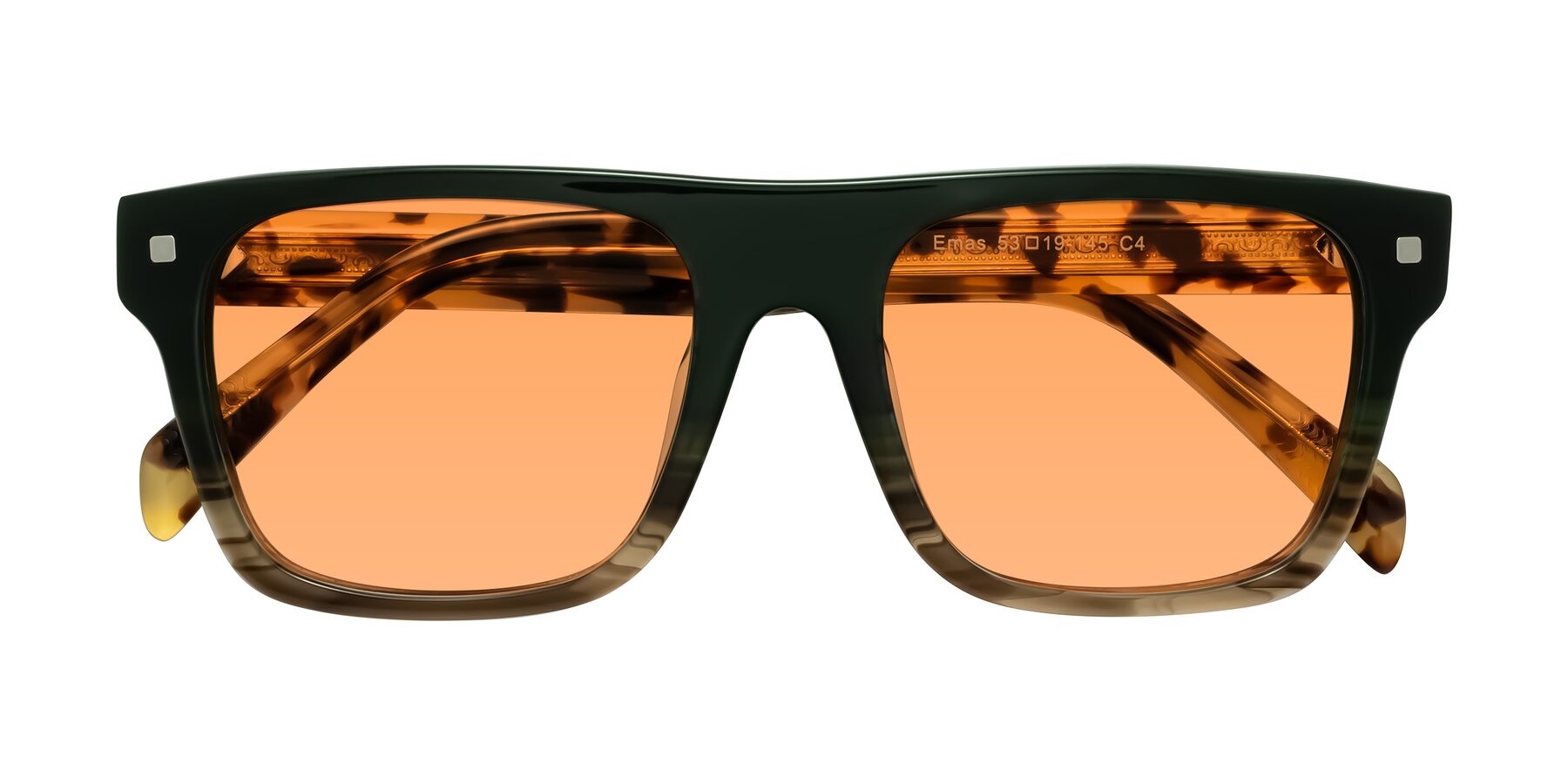 Folded Front of Emas in Green Brown Striped/Honey Tortoise with Medium Orange Tinted Lenses