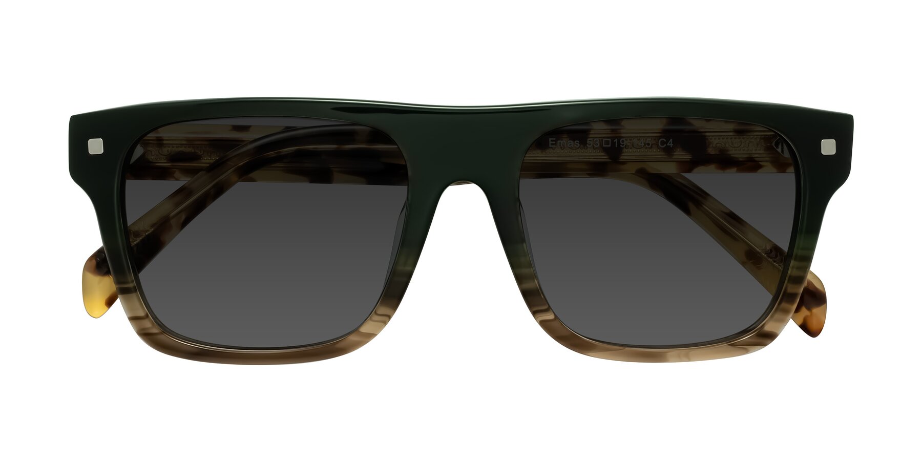 Folded Front of Emas in Green Brown Striped/Honey Tortoise with Gray Tinted Lenses