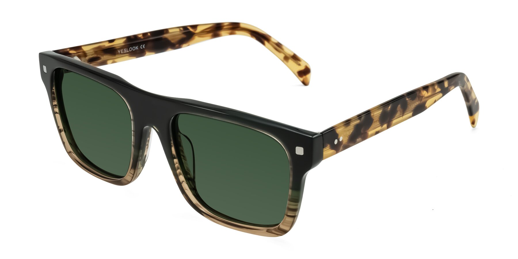 Angle of Emas in Green Brown Striped/Honey Tortoise with Green Tinted Lenses
