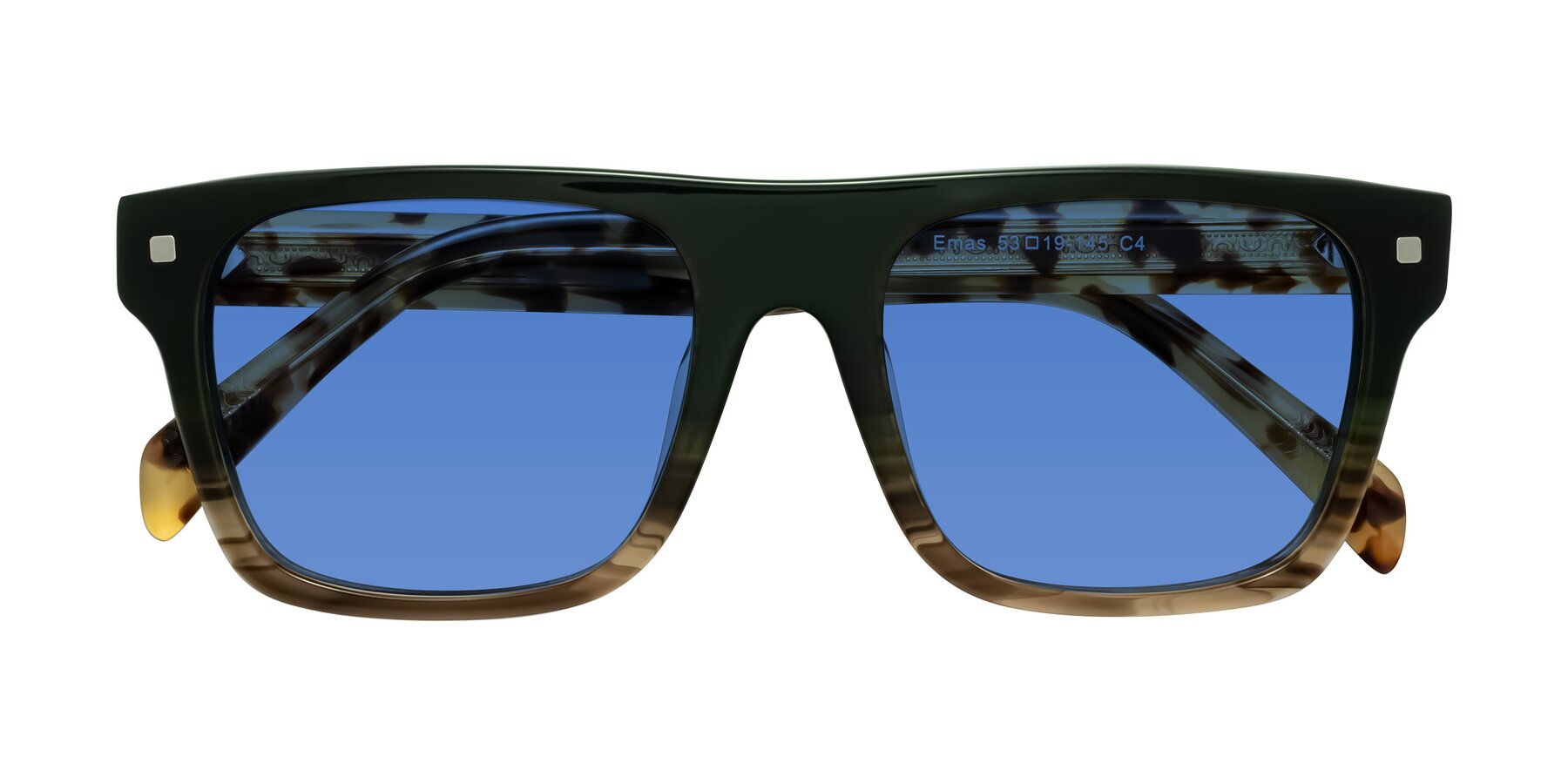 Folded Front of Emas in Green Brown Striped/Honey Tortoise with Blue Tinted Lenses