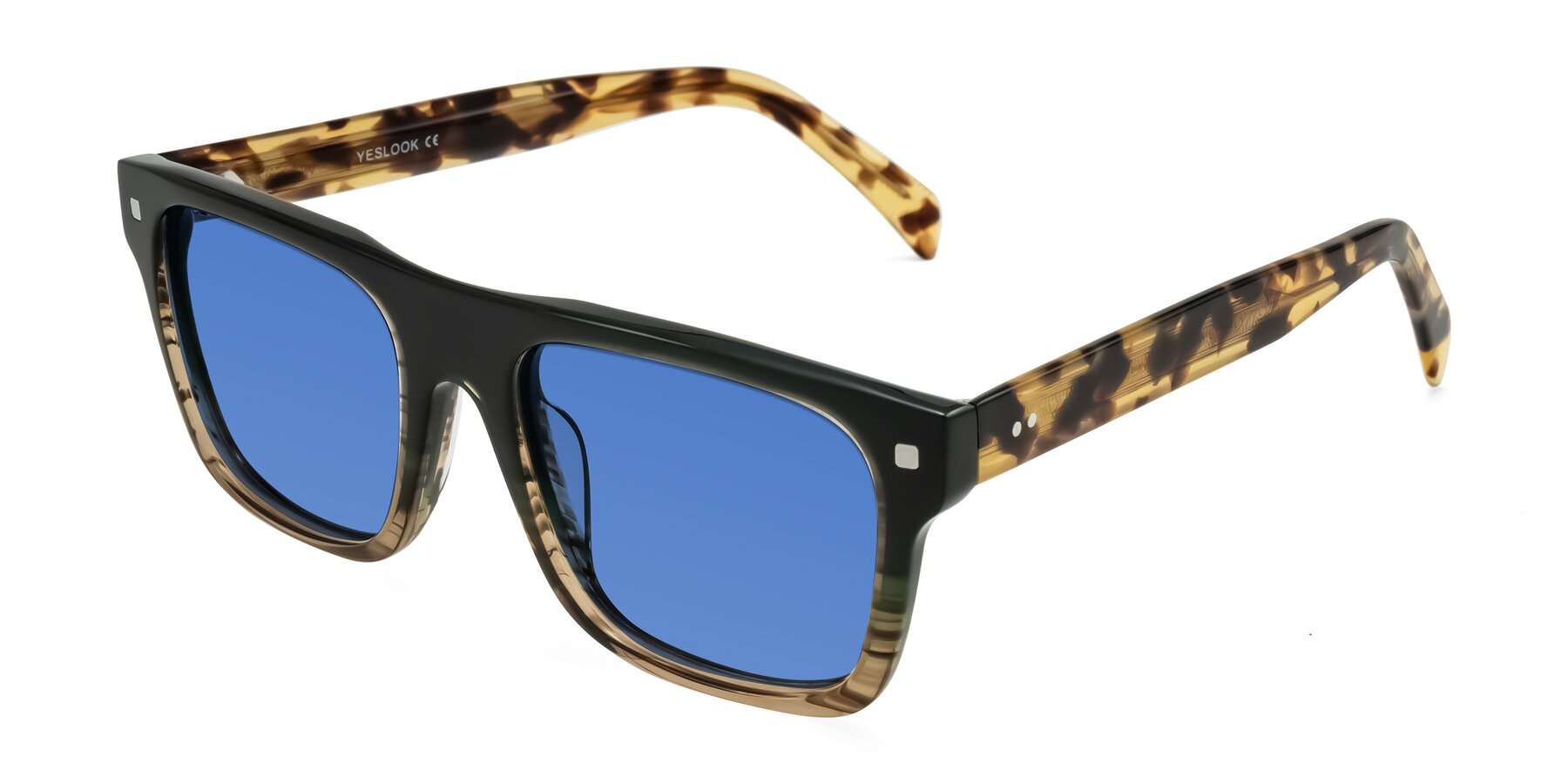 Angle of Emas in Green Brown Striped/Honey Tortoise with Blue Tinted Lenses