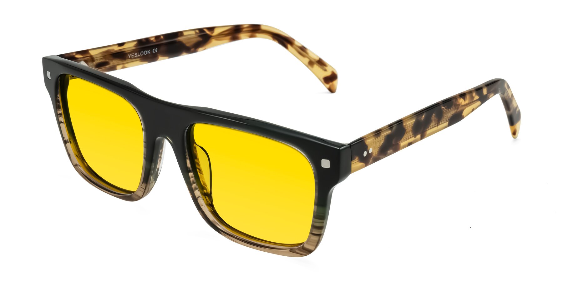Angle of Emas in Green Brown Striped/Honey Tortoise with Yellow Tinted Lenses