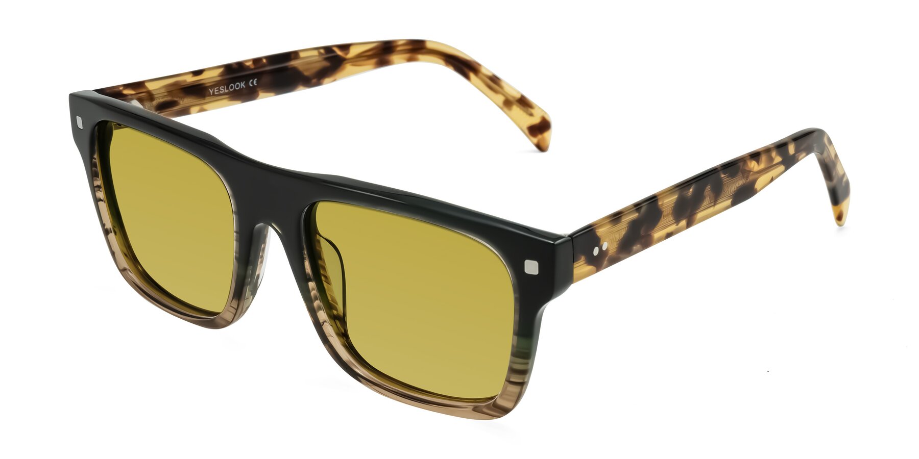 Angle of Emas in Green Brown Striped/Honey Tortoise with Champagne Tinted Lenses