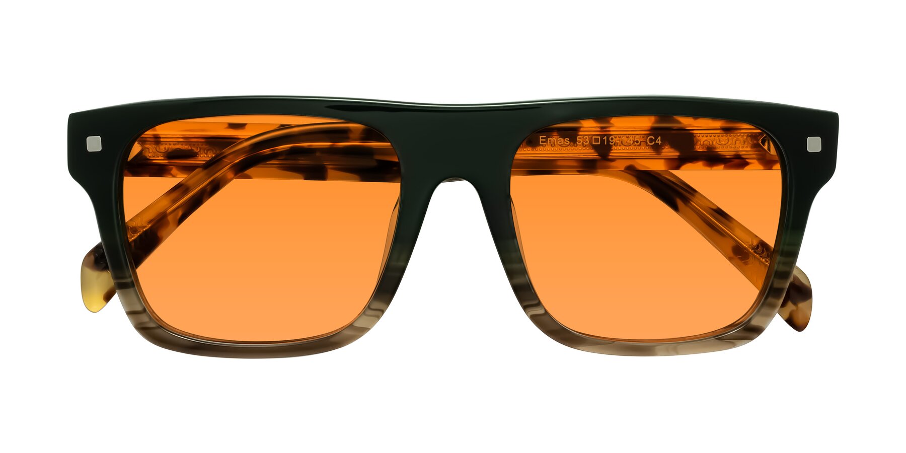 Folded Front of Emas in Green Brown Striped/Honey Tortoise with Orange Tinted Lenses