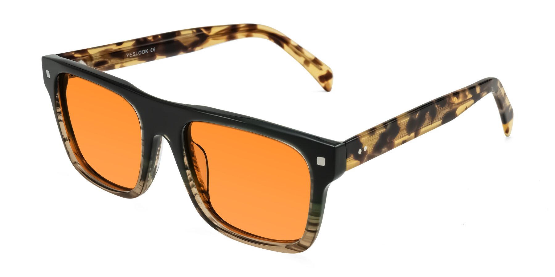 Angle of Emas in Green Brown Striped/Honey Tortoise with Orange Tinted Lenses