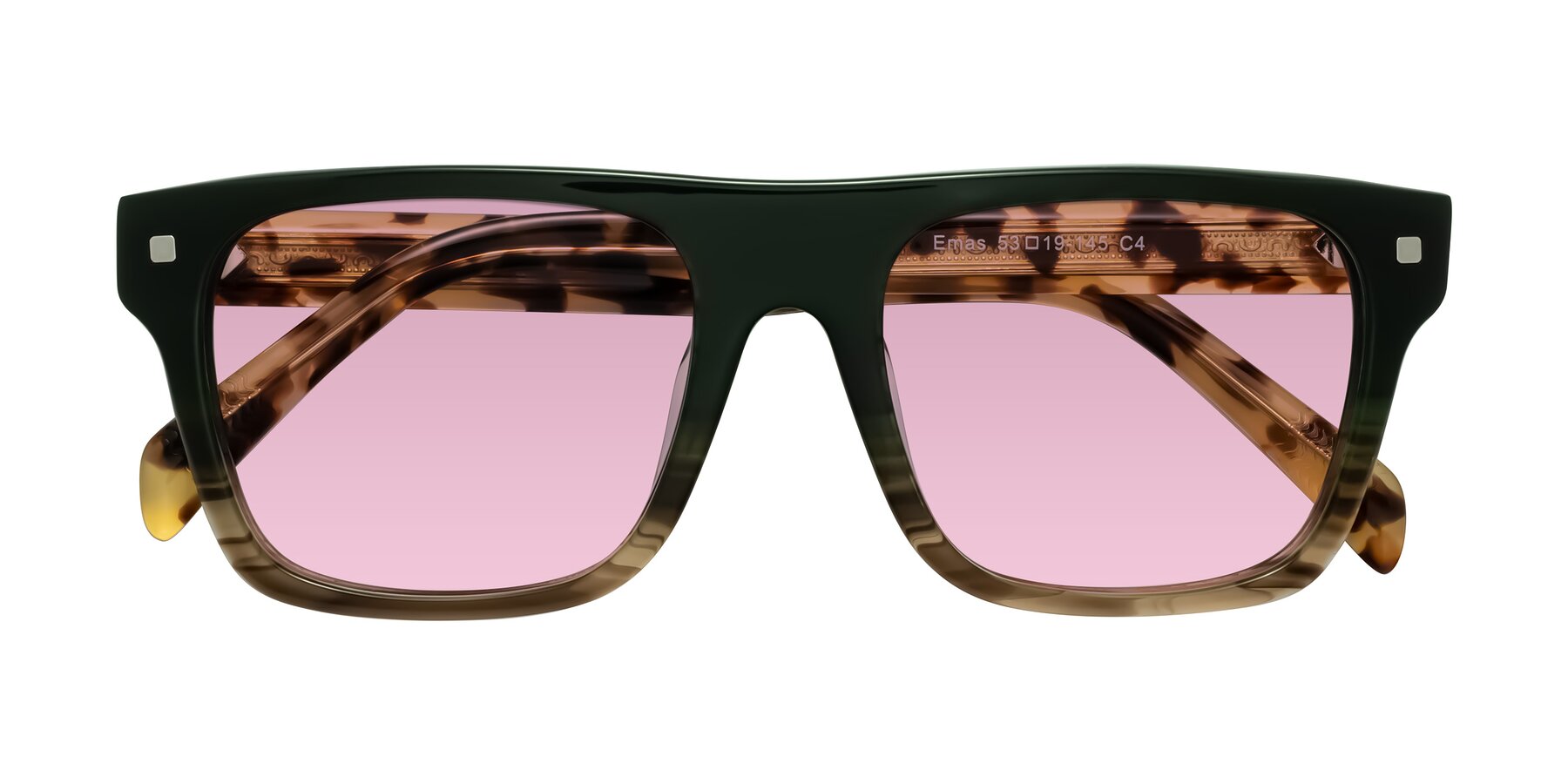 Folded Front of Emas in Green Brown Striped/Honey Tortoise with Light Wine Tinted Lenses