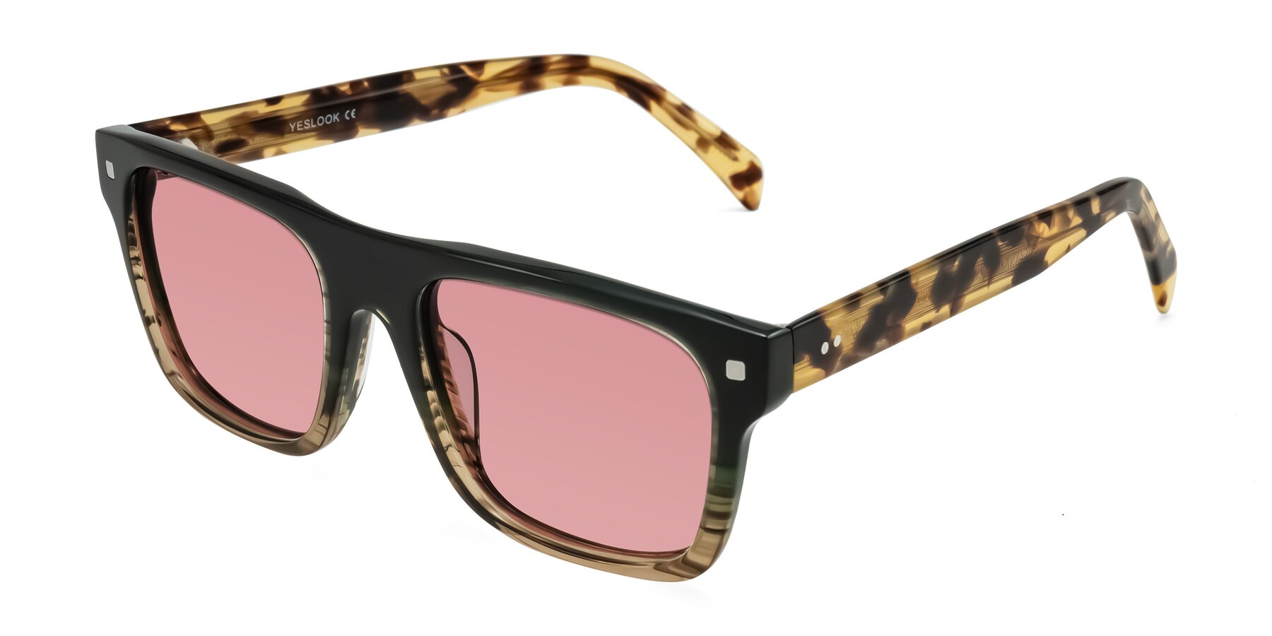 Angle of Emas in Green Brown Striped/Honey Tortoise with Medium Garnet Tinted Lenses