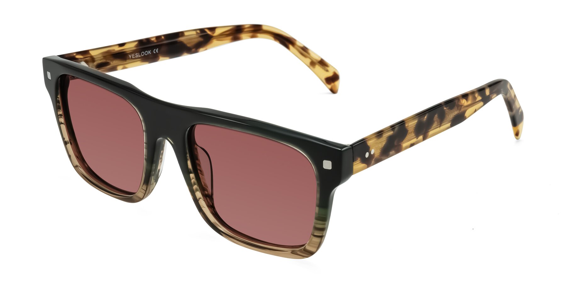 Angle of Emas in Green Brown Striped/Honey Tortoise with Garnet Tinted Lenses