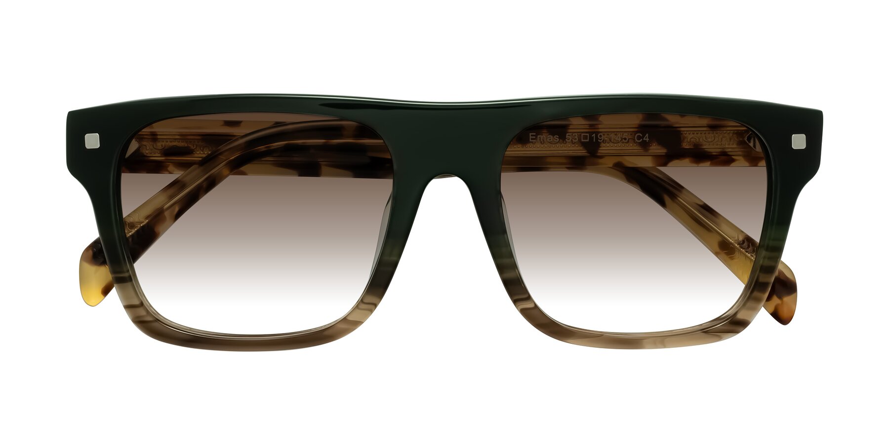 Folded Front of Emas in Green Brown Striped/Honey Tortoise with Brown Gradient Lenses