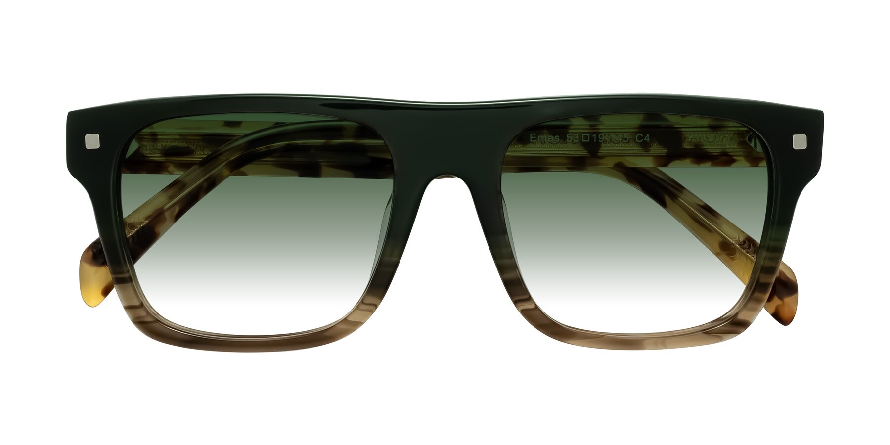 Folded Front of Emas in Green Brown Striped/Honey Tortoise with Green Gradient Lenses