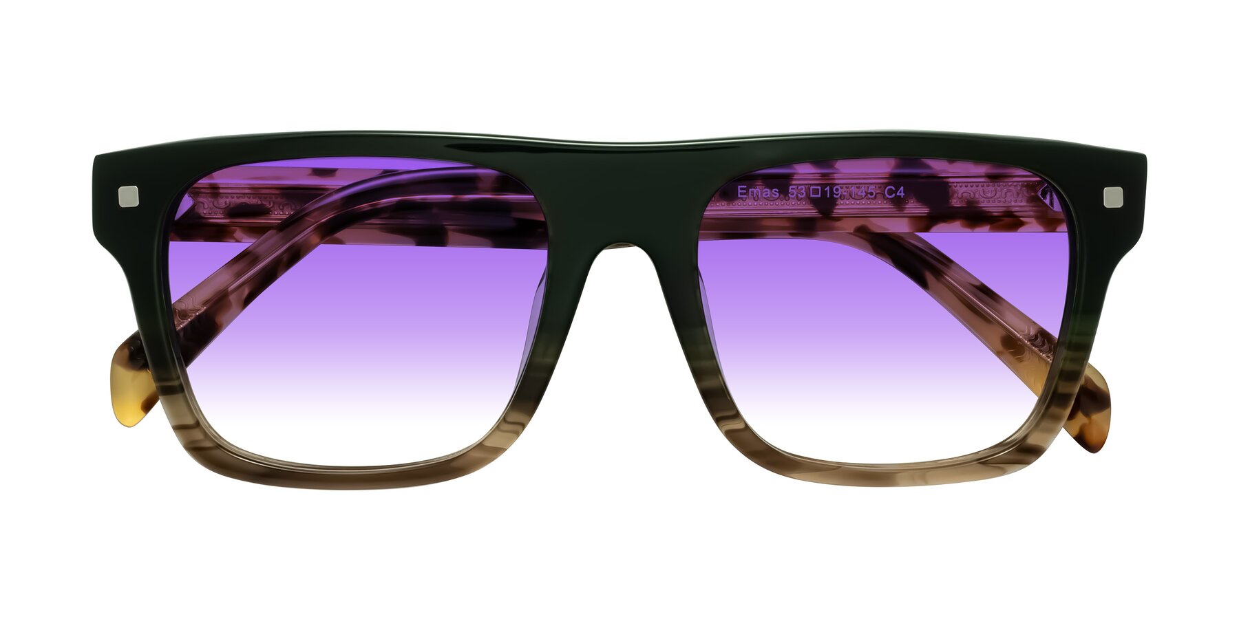 Folded Front of Emas in Green Brown Striped/Honey Tortoise with Purple Gradient Lenses