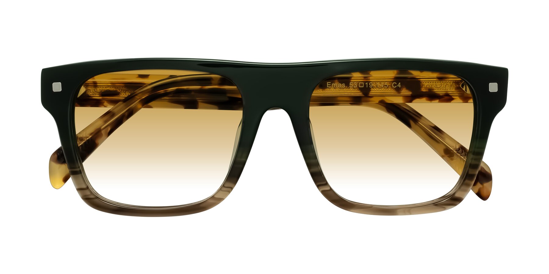 Folded Front of Emas in Green Brown Striped/Honey Tortoise with Champagne Gradient Lenses