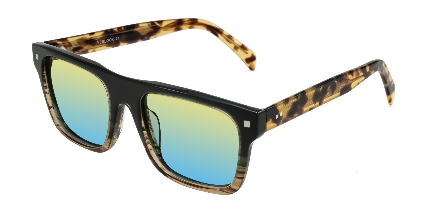 Angle of Emas in Green Brown Striped/Honey Tortoise with Yellow / Blue Gradient Lenses
