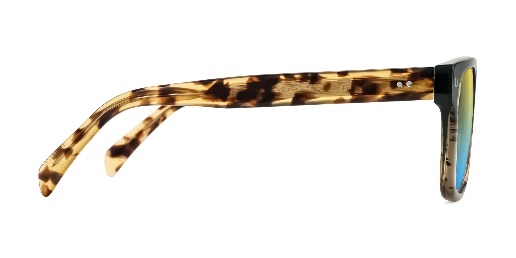 Side of Emas in Green Brown Striped/Honey Tortoise with Yellow / Blue Gradient Lenses