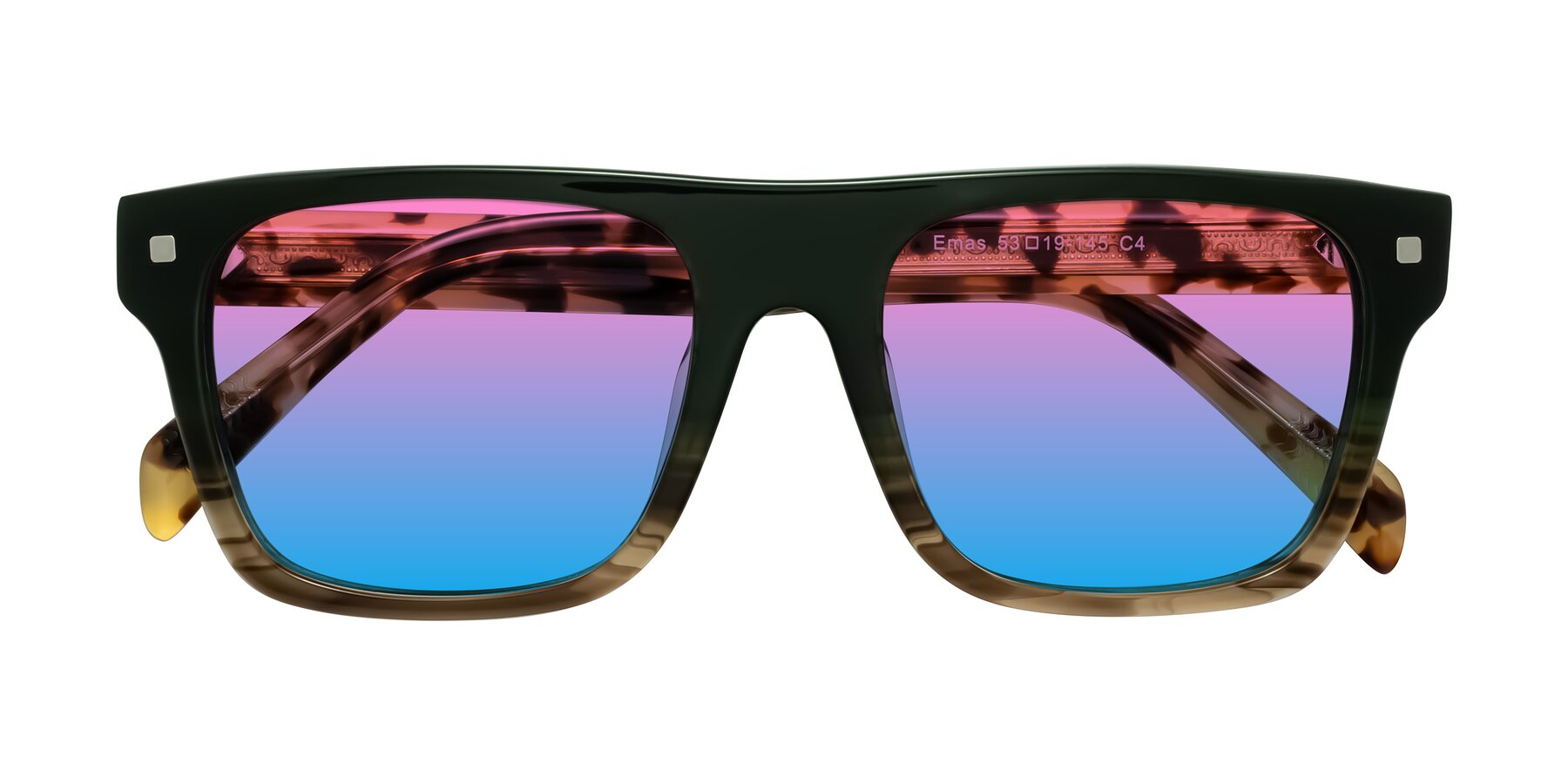 Folded Front of Emas in Green Brown Striped/Honey Tortoise with Pink / Blue Gradient Lenses