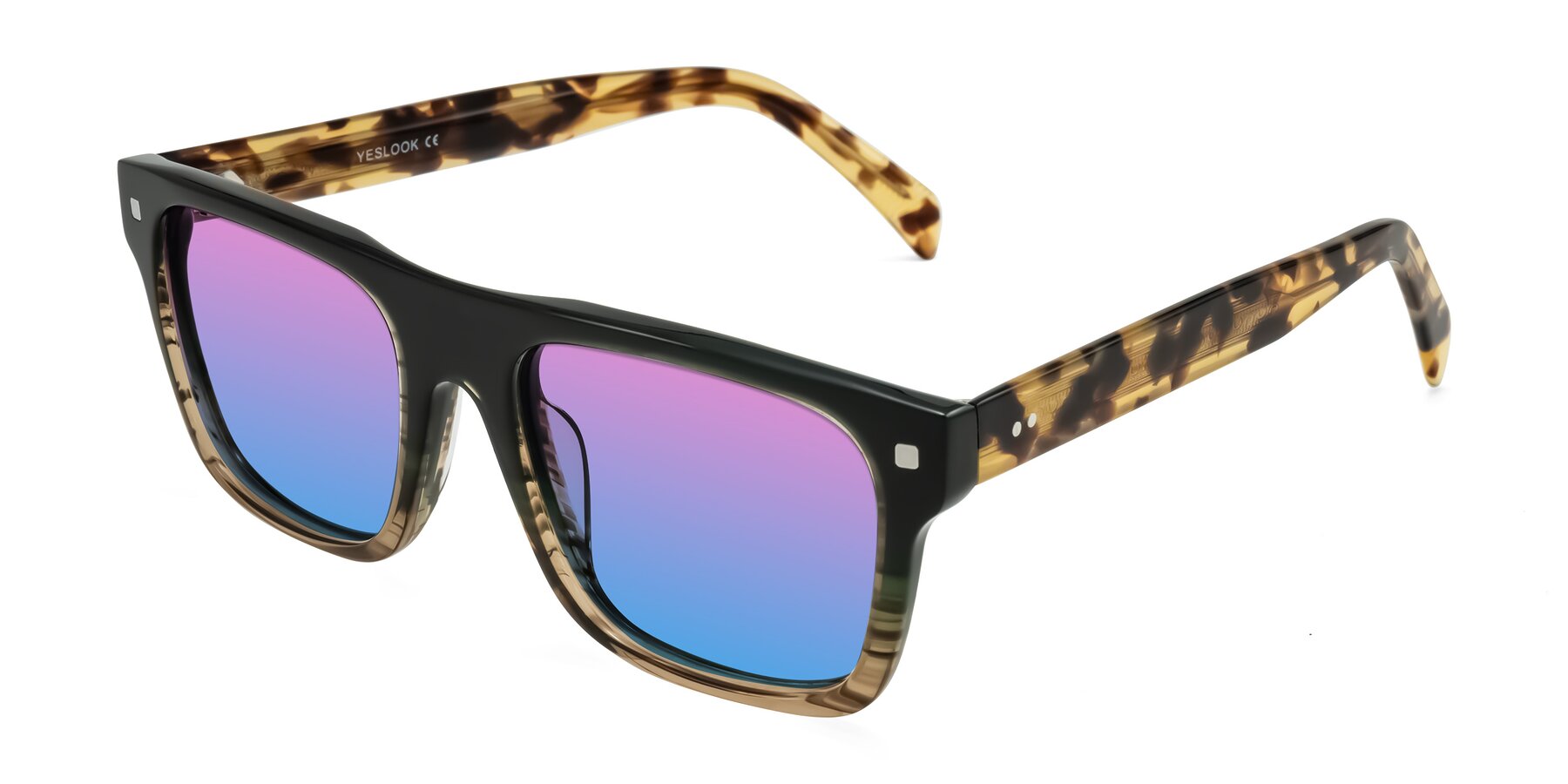 Angle of Emas in Green Brown Striped/Honey Tortoise with Pink / Blue Gradient Lenses