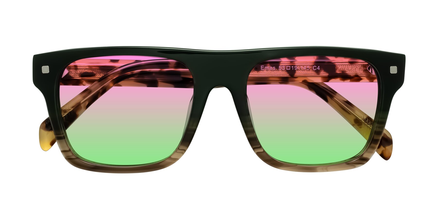 Folded Front of Emas in Green Brown Striped/Honey Tortoise with Pink / Green Gradient Lenses