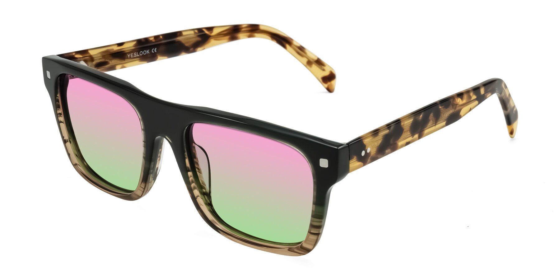 Angle of Emas in Green Brown Striped/Honey Tortoise with Pink / Green Gradient Lenses