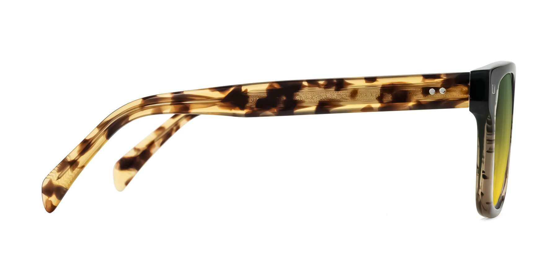 Side of Emas in Green Brown Striped/Honey Tortoise with Green / Yellow Gradient Lenses