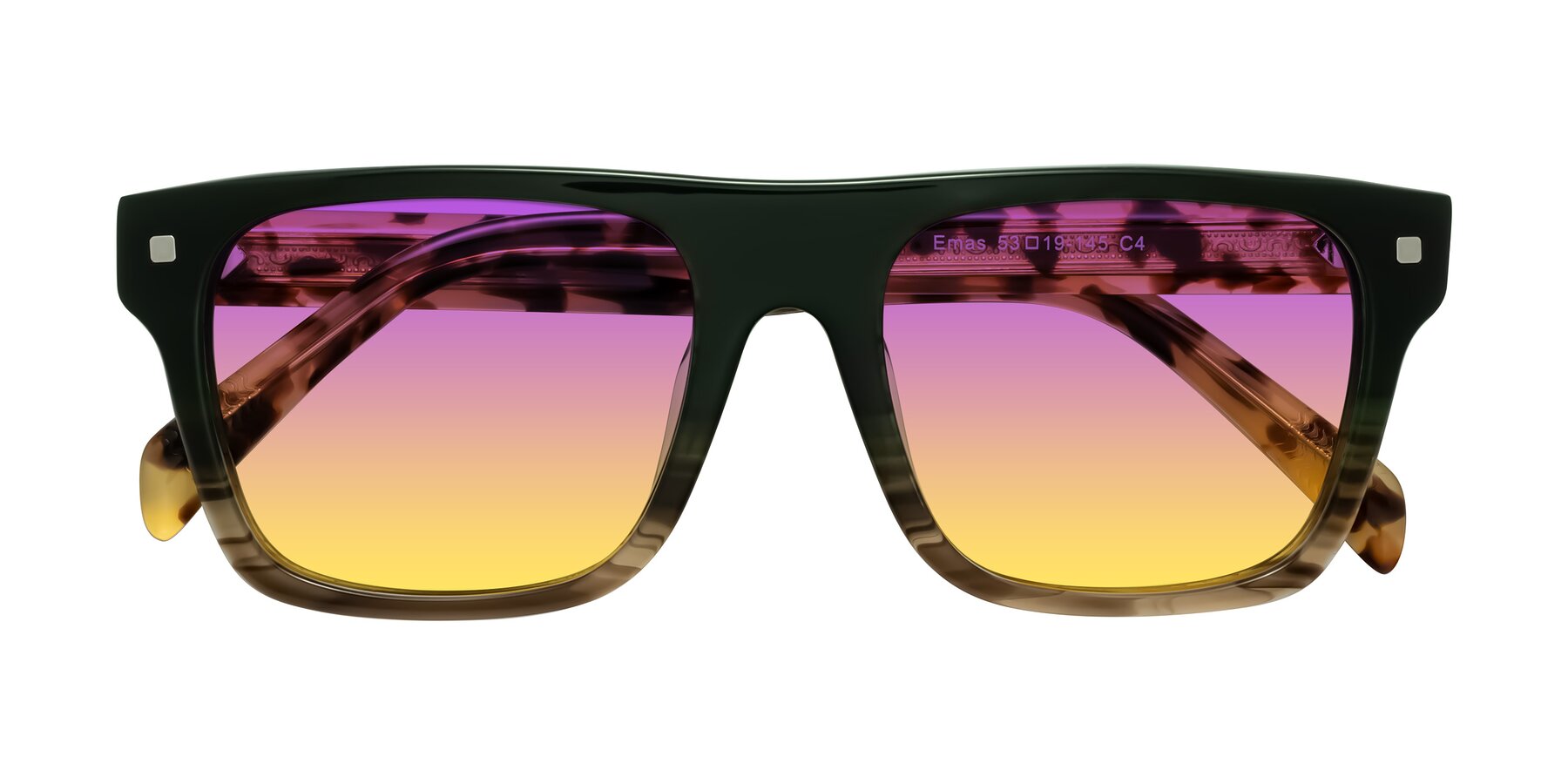 Folded Front of Emas in Green Brown Striped/Honey Tortoise with Purple / Yellow Gradient Lenses