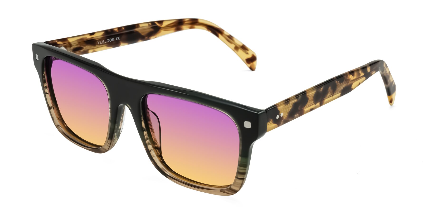 Angle of Emas in Green Brown Striped/Honey Tortoise with Purple / Yellow Gradient Lenses