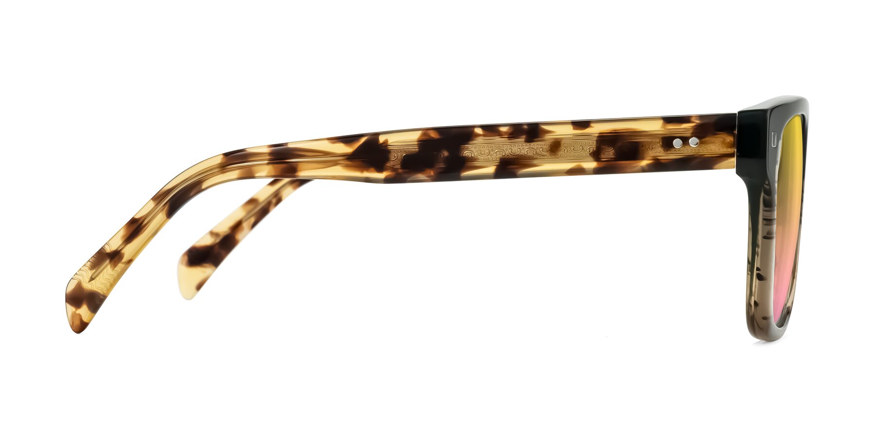 Side of Emas in Green Brown Striped/Honey Tortoise with Yellow / Pink Gradient Lenses