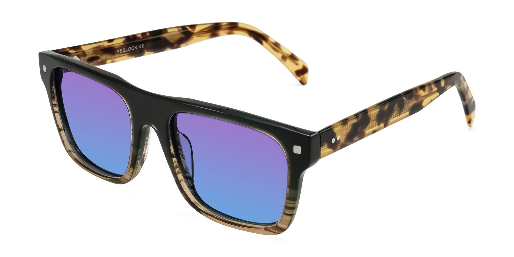 Angle of Emas in Green Brown Striped/Honey Tortoise with Purple / Blue Gradient Lenses