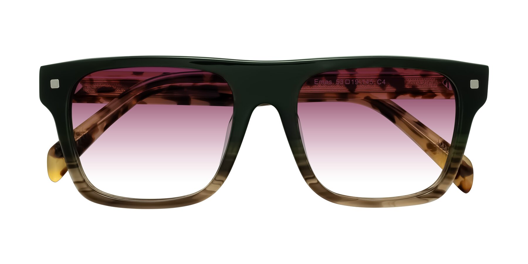 Folded Front of Emas in Green Brown Striped/Honey Tortoise with Wine Gradient Lenses