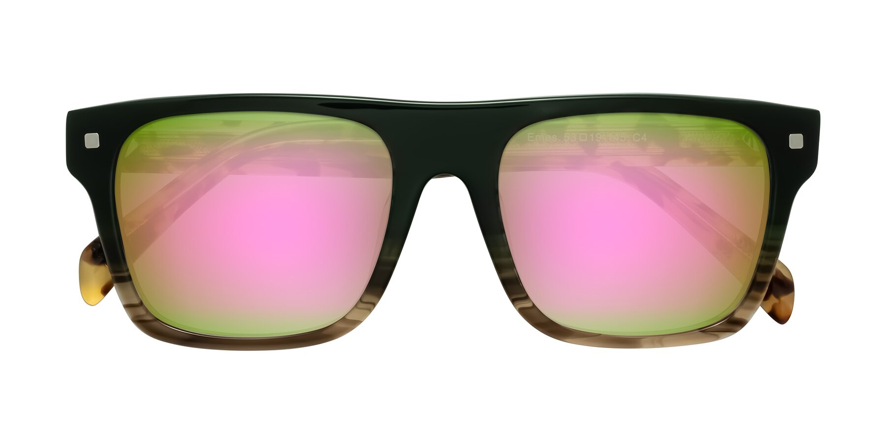 Folded Front of Emas in Green Brown Striped/Honey Tortoise with Pink Mirrored Lenses