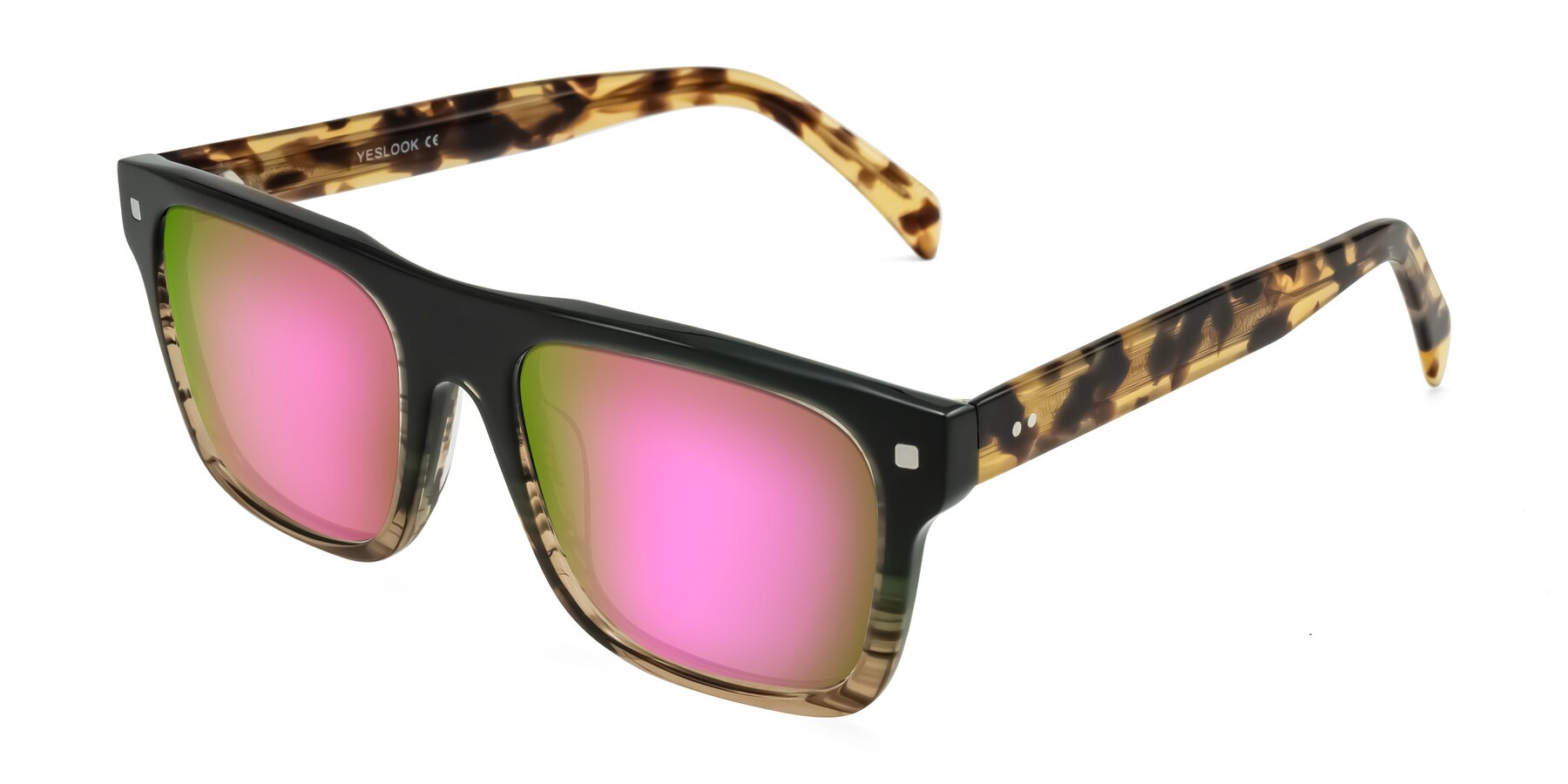 Angle of Emas in Green Brown Striped/Honey Tortoise with Pink Mirrored Lenses