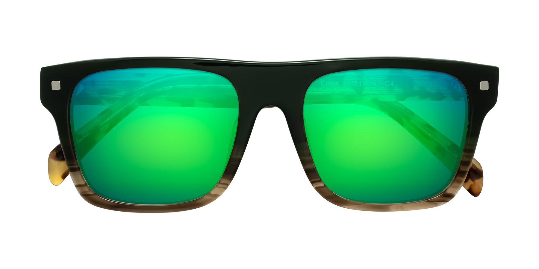 Folded Front of Emas in Green Brown Striped/Honey Tortoise with Green Mirrored Lenses