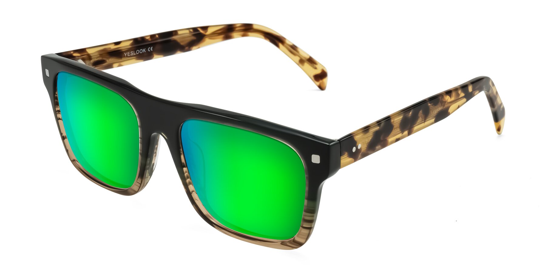 Angle of Emas in Green Brown Striped/Honey Tortoise with Green Mirrored Lenses