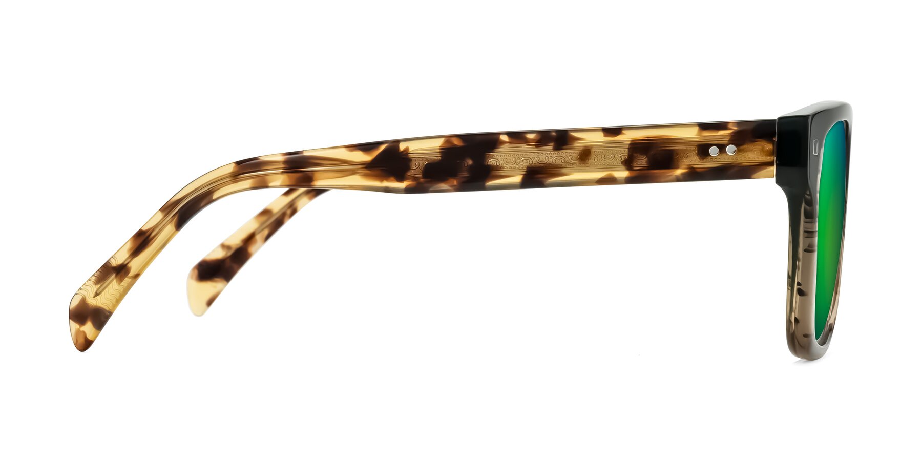Side of Emas in Green Brown Striped/Honey Tortoise with Green Mirrored Lenses