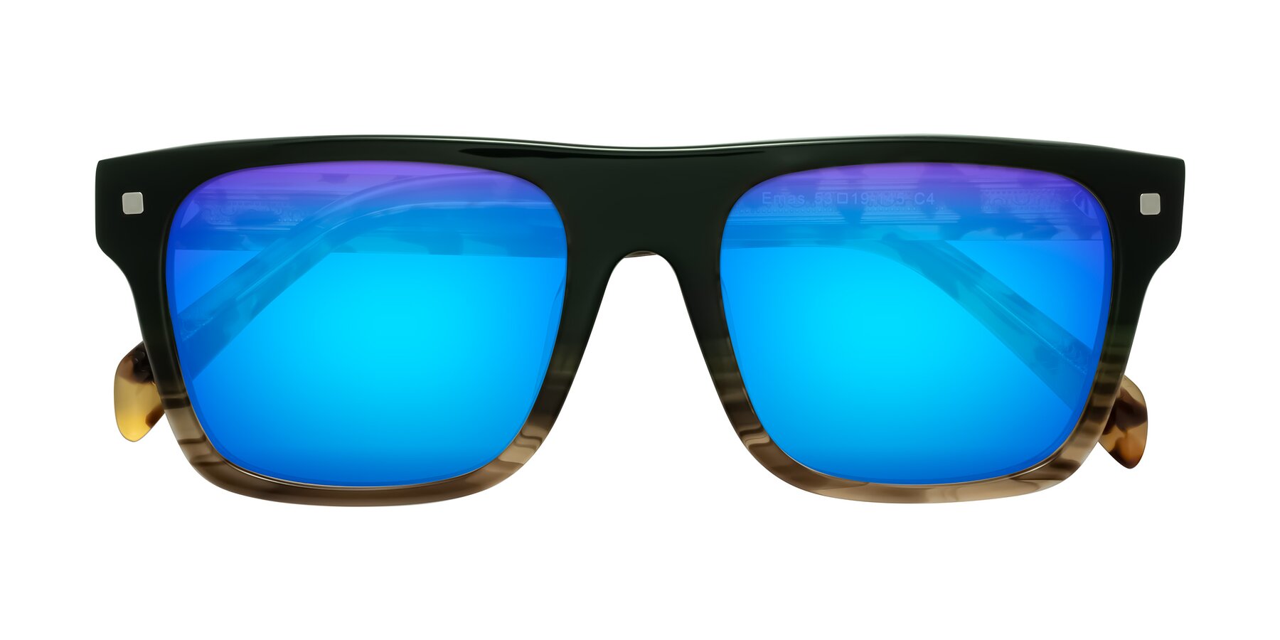 Folded Front of Emas in Green Brown Striped/Honey Tortoise with Blue Mirrored Lenses