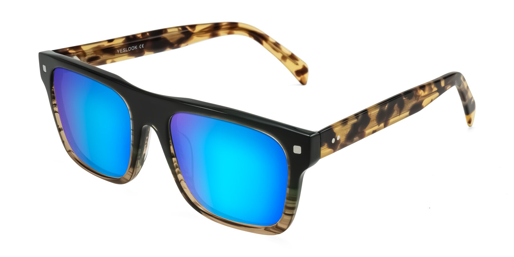 Angle of Emas in Green Brown Striped/Honey Tortoise with Blue Mirrored Lenses