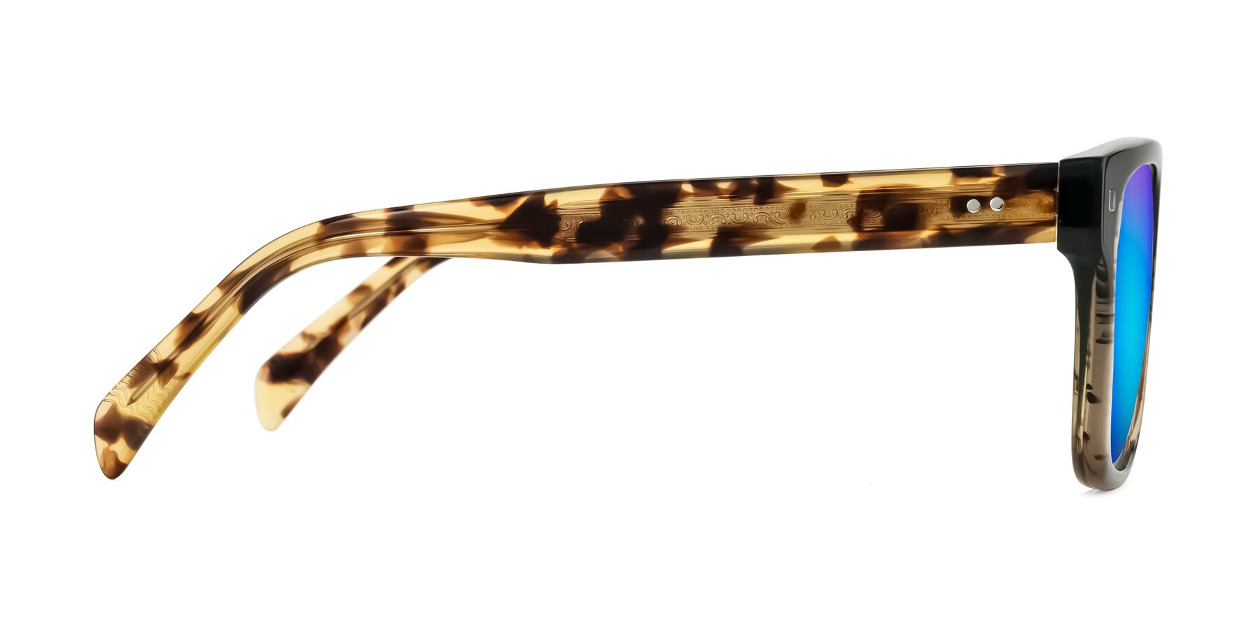 Side of Emas in Green Brown Striped/Honey Tortoise with Blue Mirrored Lenses