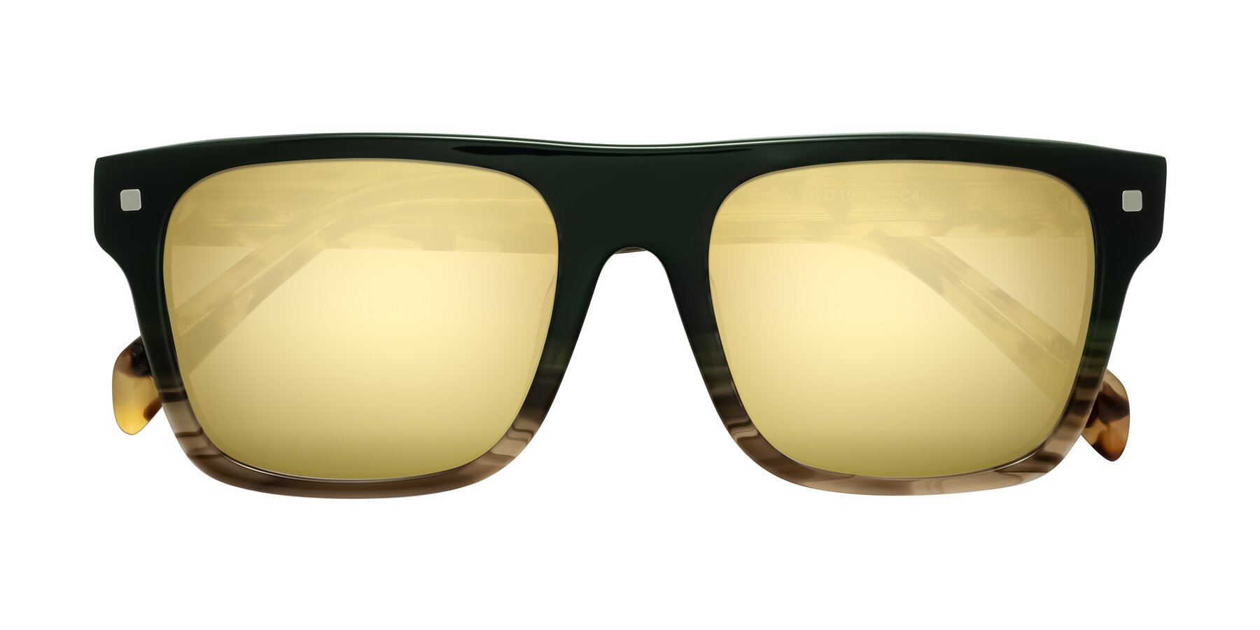 Folded Front of Emas in Green Brown Striped/Honey Tortoise with Gold Mirrored Lenses